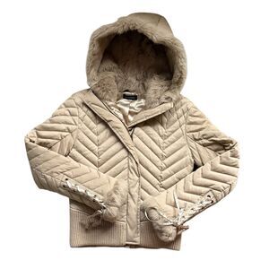 VTG Y2K Bebe Down Puffer Jacket Womens S Rabbit Fur Hood Lace Up Pennylane